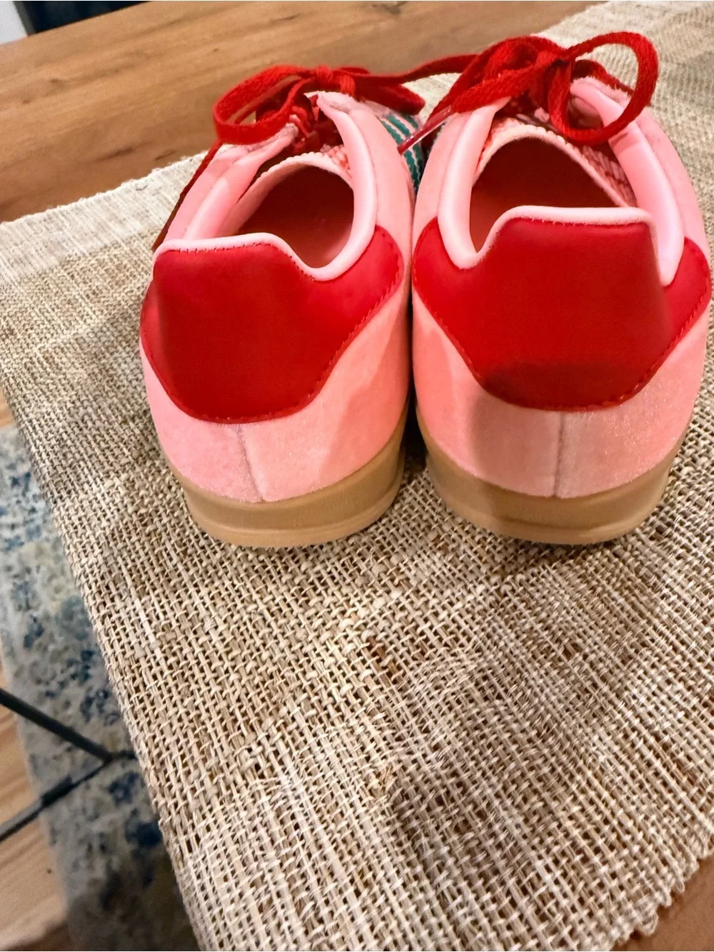 adidas Gazelle Pink Sneakers with Teal Stripes and Red Laces